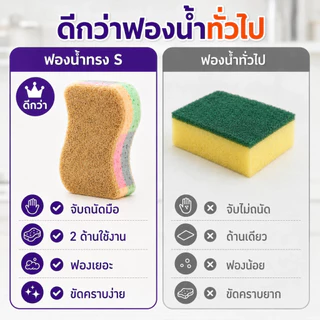 ONR ฟองน้ำล้างจานรูปตัว S 2 ชิ้น 2 ด้าน ใยมะพร้าว+ฟองน้ำ ขจัดคราบมัน ไม่เป็นรอย นุ่มซับน้ำ