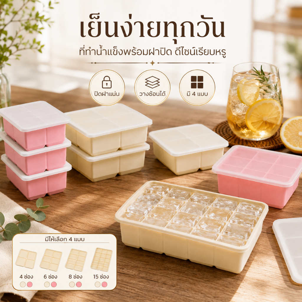 ถาดทำน้ำแข็ง ซิลิโคน พร้อมฝาปิด หลายช่อง คละสี แกะน้ำแข็งง่าย