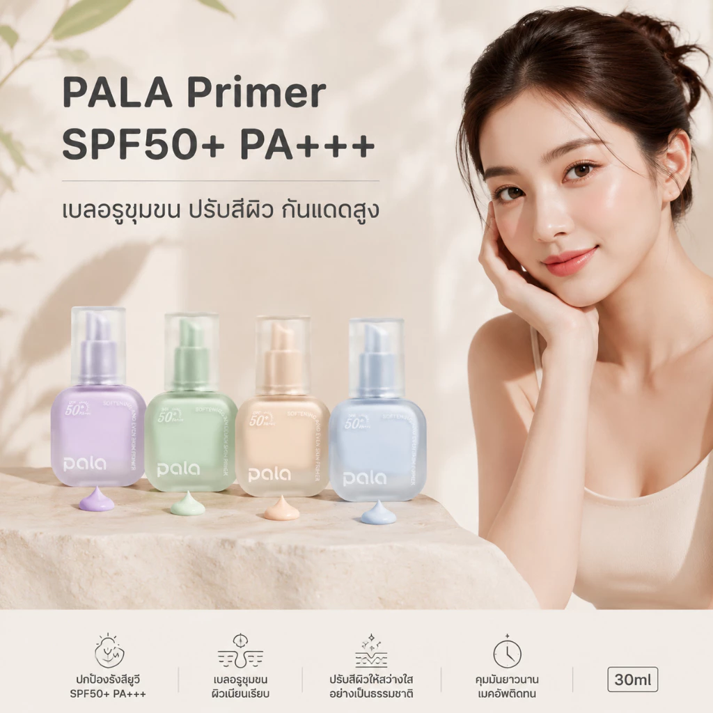 PALA Softening and Even Skin Primer SPF50+ PA+++ 30ml ไพรเมอร์เบลอรูขุมขน ปรับผิวสว่าง กันแดด เนื้อซาติน 4สี