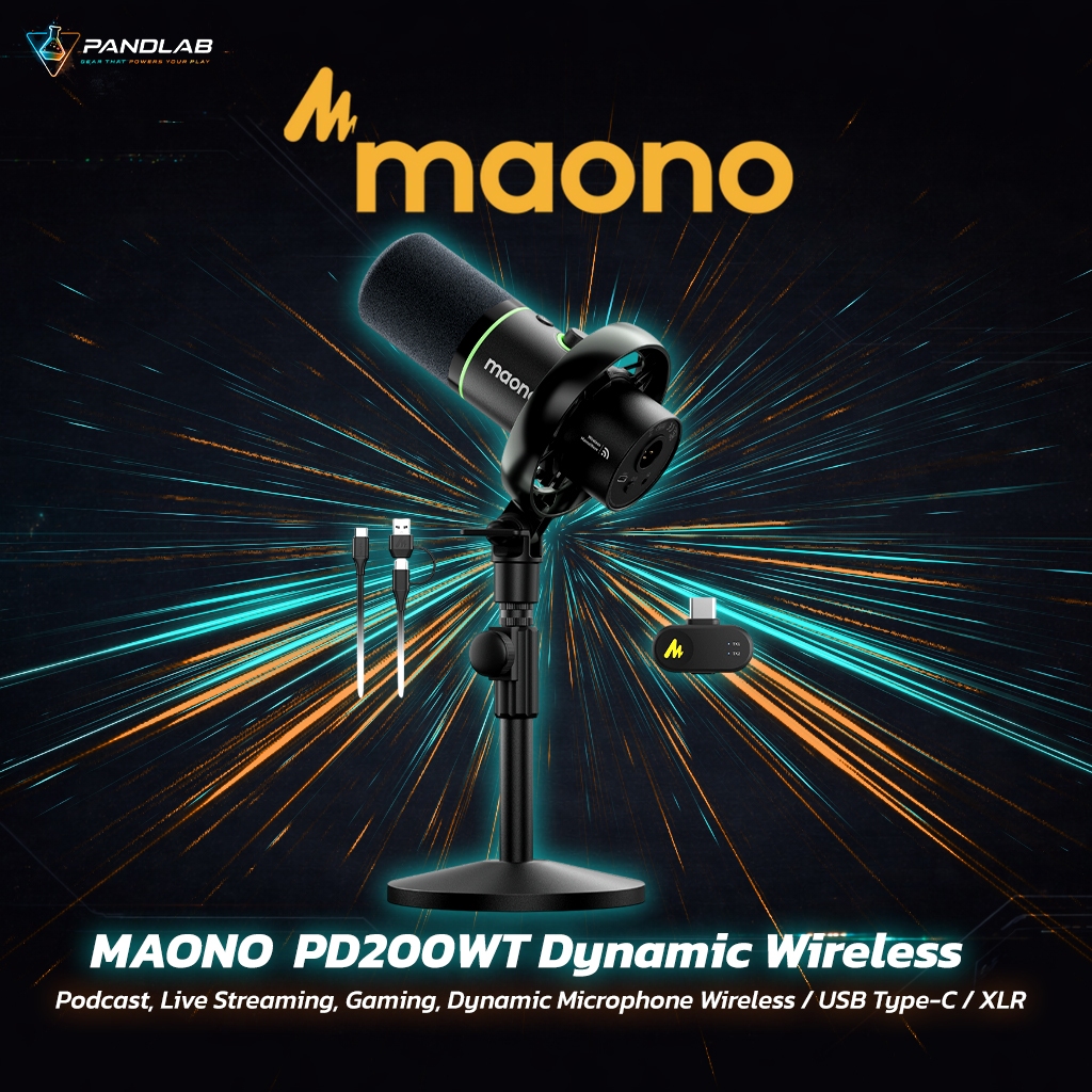 MICROPHONE (ไมโครโฟน Dynamic) MAONO PD200WT - BLACK Wireless, USB-C และ XLR Podcast, Live Streaming,