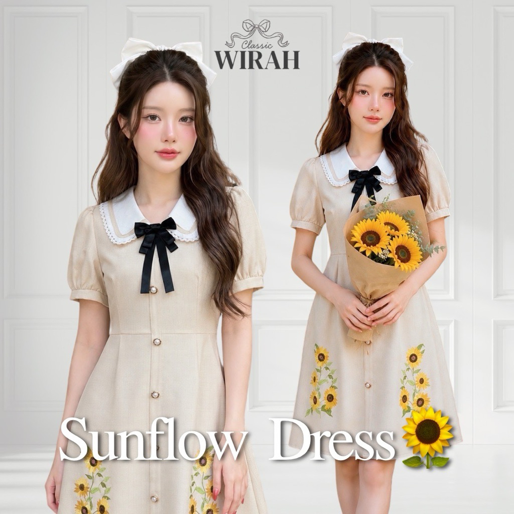 DW356 Sunflow Dress ชุดเดรสสั้นทรงเข้ารูป ผ้าทอลายสก๊อต ปกบัวผ้าลูกไม้แต่งเทปกุ้นที่บน ปลายปกแต่งลูกไม้รอบปก					 พร้อมเ