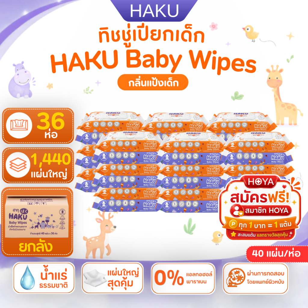(ยกลัง36ห่อ)ทิชชู่เปียก HAKU Baby Wipes สูตรน้ำแร่ 40แผ่น/ห่อ ผ้าเปียกเด็ก ไม่มีแอลกอฮอล์ pH Balance สำหรับเด็กและผิวแพ้