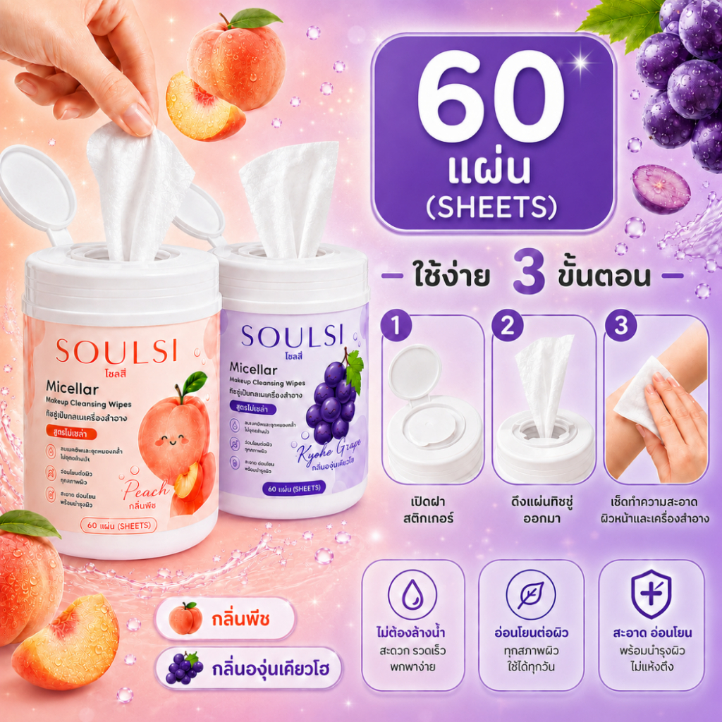SOULSI Micellar Makeup Cleansing Wipes ทิชชู่เช็ดเครื่องสำอาง 60 แผ่น กลิ่นพีช เช็ดเมคอัพ กันแดด ลิป รองพื้น สะอาด