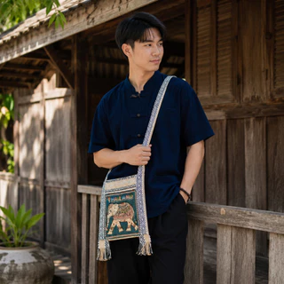 ย่ามลายช้าง สีครีม กระเป๋าย่าม ผ้านากา กระเป๋าสะพาย ผ้าพื้นเมือง คละสีคละลาย 2ช่อง 2ซิป มีซับใน ไซส์ 8/9/10/12 นิ้วส่งไว