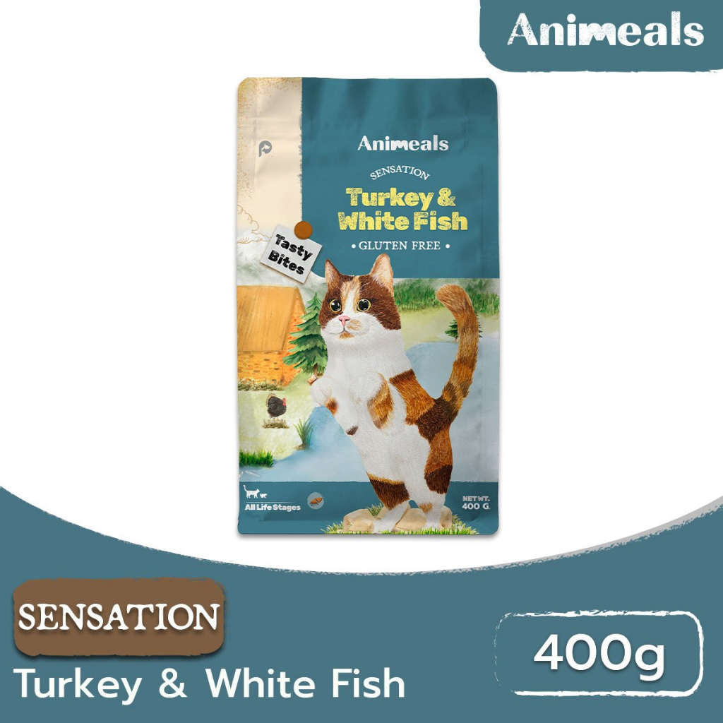 Animeals อาหารแมว 400g. (ไก่งวงและปลาเนื้อขาว) สูตรกินง่าย หอมอร่อย สำหรับแมวเลือกกิน เบื่ออาหาร กลู