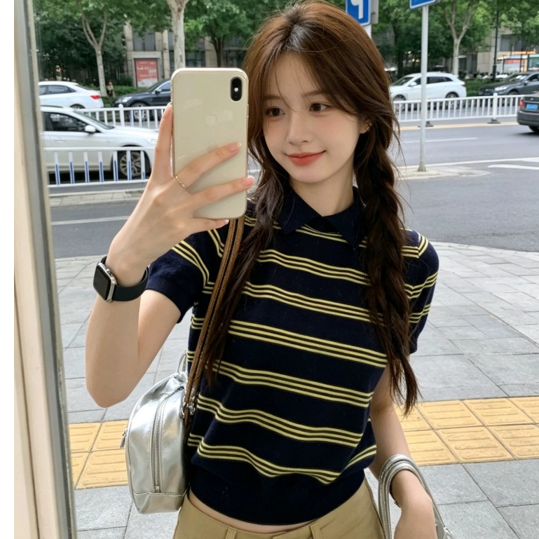 เสื้อโปโลไหมพรมผู้หญิง ลายทางแขนสั้น สไตล์เกาหลี รูปที่ 5