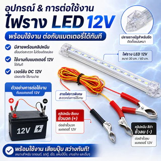 🪐 รางประหยัดไฟแบบยาว 30 - 60 ซม. LED HS มีปากคีบ ขั้ว + ขั้ว - ใช้กับแบตเตอรี่ได้