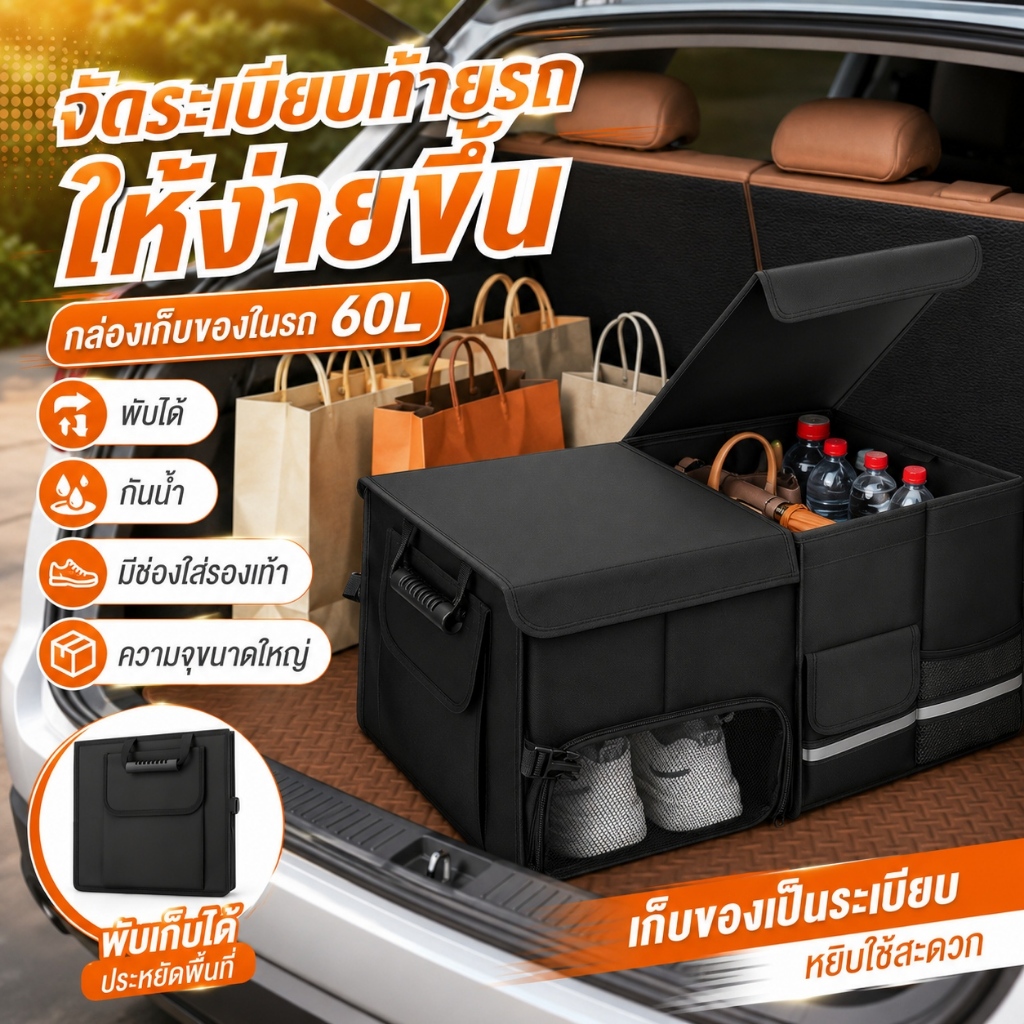 🔥ความจุใหญ่พิเศษ กล่องเก็บของในรถ 60L ผ้า Oxford 600D พับเก็บได้ กันน้ำ จัดเก็บเป็นระเบียบ