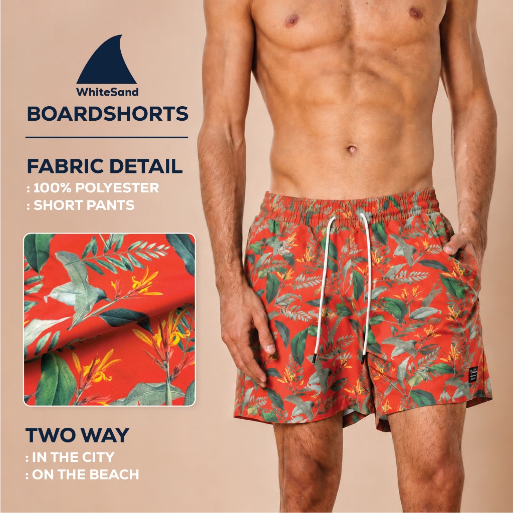 SALE LIMITED STOCK - WhiteSand Boardshorts-Aloha Leaf - Red กางเกงเล่นน้ำผู้ชาย กางเกงชายหาด แห้งไว ใส่เที่ยวทะเล