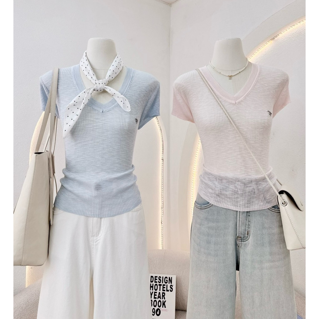 WA YA เสื้อคอวี ผ้าไหมพรมบาง