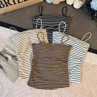 [ส่งจากไทย] 𝑩𝒓𝒂𝑩𝒓𝒂𝑩𝒓𝒂 #bra-324 สายเดี่ยว ลาย stripe ฟองน้ำในตัว เก็บด้านข้าง ครอปทอป เสื้อกล้าม