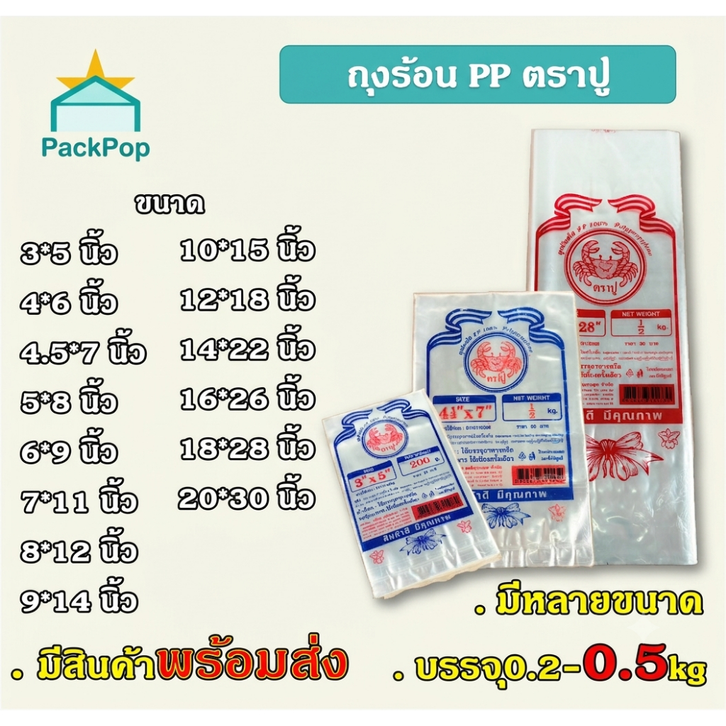 ถุงร้อน ใสPP  ตั้งแต่4นิ้ว-20นิ้ว มีหลายขนาด