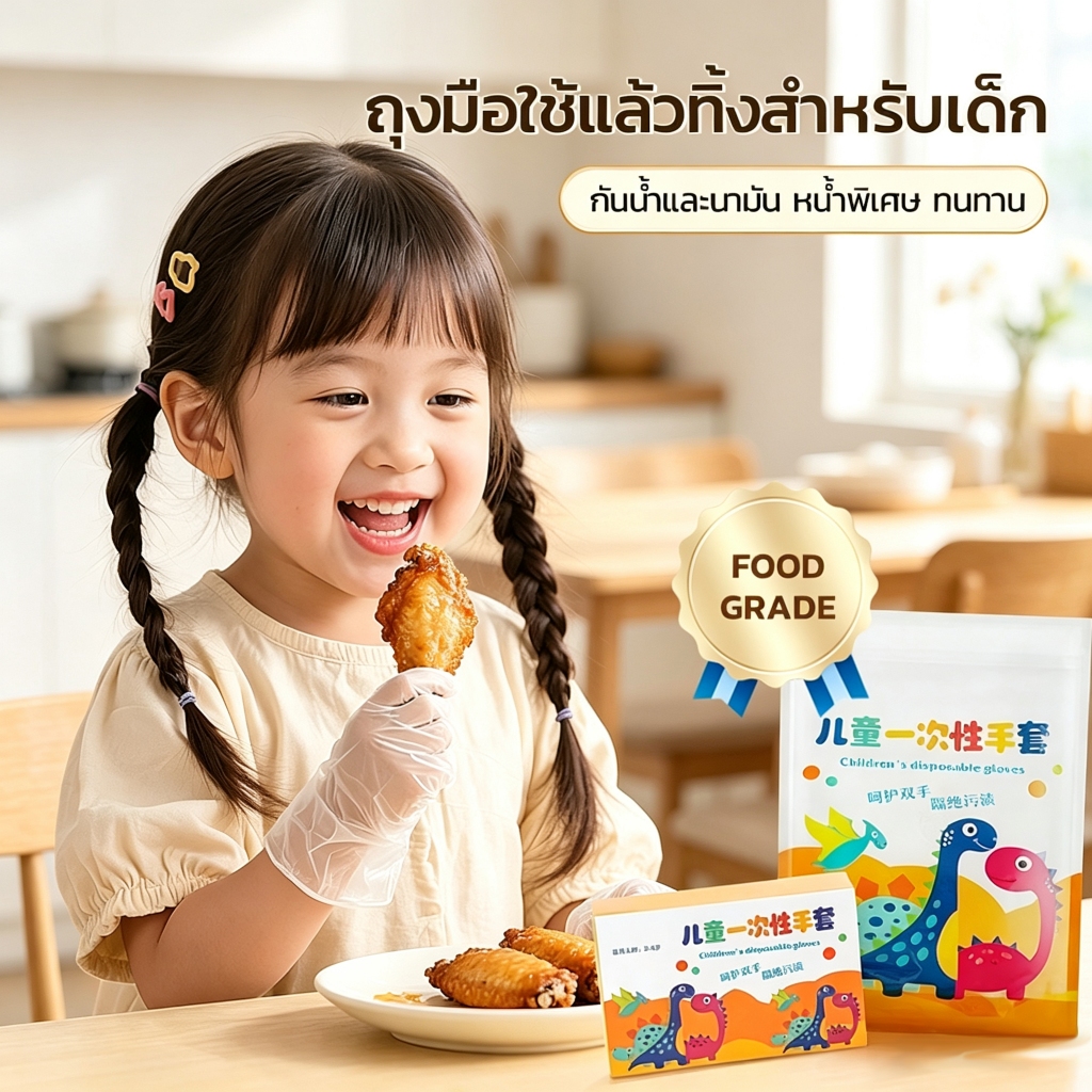 Lebao  ถุงมือพลาสติกเด็ก ส่งฟรี แบบหนา แบบใช้แล้วทิ้ง เกรดอาหาร แข็งแรง ทนทาน อายุ 3-6