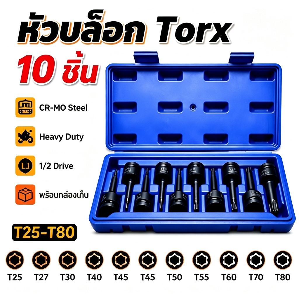 Torx ชุดลูกบล็อก 10 ชิ้น 1/2 Drive T25 T27 T30 T40 T45 T50 T55 T60 T70 T80 เหล็ก CR MO Heavy Duty สำหรับซ่อมรถยนต์