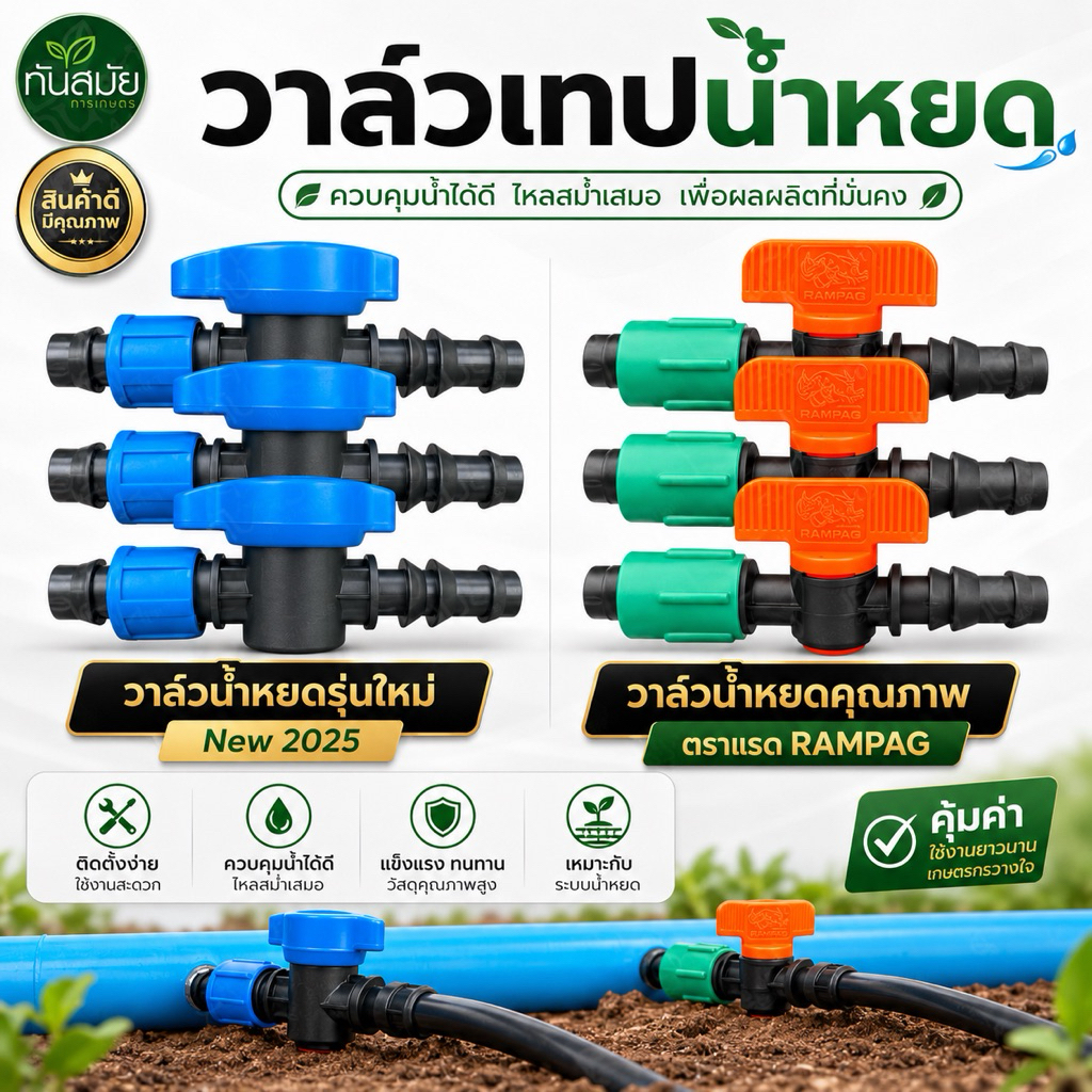 วาล์วน้ำหยด เกรดA ตราแรด ตราควายไทย (ยกถุง100 ชิ้น) แถมฟรี+ลูกยางเปอร์เมท ขนาด16 มิล วาล์วเทปน้ำหยด