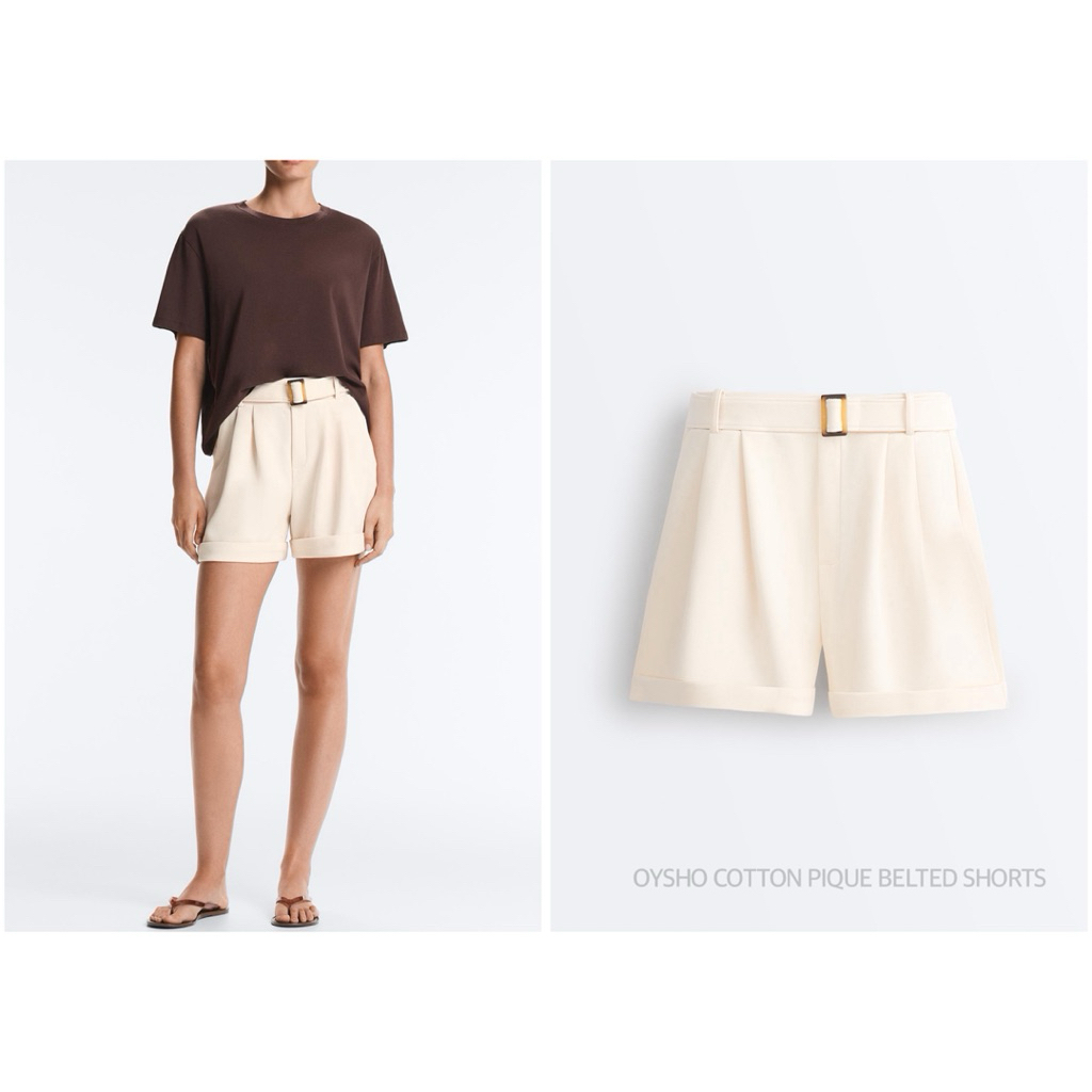 OYSHO กางเกงขาสั้น สีขาวครีม ดีเทลจีบหน้า พร้อมเข็มขัด COTTON PIQUE BELTED SHORTS (A0304)