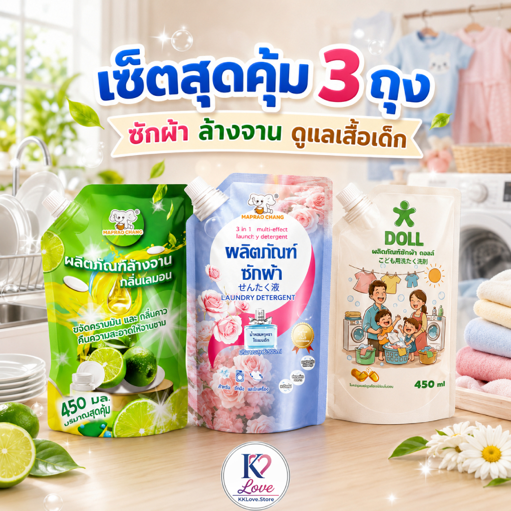 ชุดน้ำยาทำความสะอาด 3 ถุง ซื้อ 2 แถม 1 ฟรี น้ำยาซักผ้า 500ml น้ำยาล้างจานเลมอน และน้ำยาซักผ้าเด็ก 450ml
