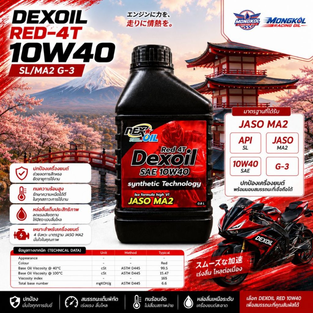 [ส่งด่วน] Dexoil Red 4T 10W40 น้ำมันเครื่องเกรดสังเคราะห์ ขนาด 0.8L