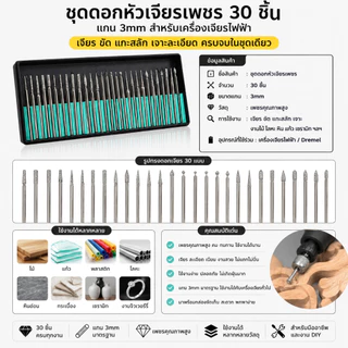 🚀ส่งด่วน ส่งไว 🚀ชุดหัวเจียรเพชร แกน 3 มม. (30 ชิ้น)ดอกเจียรพิมพ์ หัวเจียรเพชรแกน