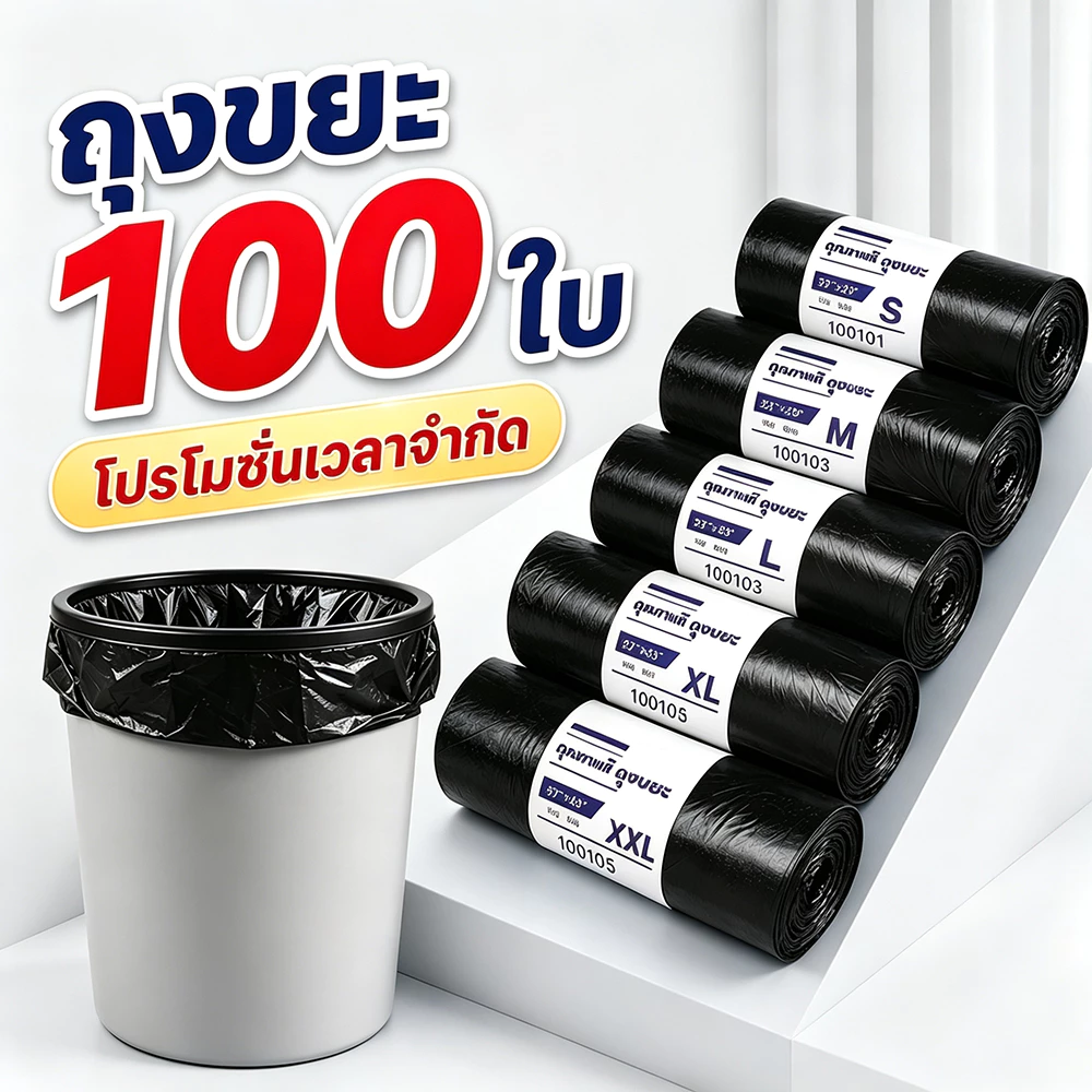 ถุงขยะ ถุงดำ เหนียว หนา ไม่ขาดง่าย ไร้กลิ่น 100 ใบ สีดำหนา ใหญ่จุใจ ใส่ขยะได้เยอะ ทนแรงกระแทก ใช้งานหนักได้ ส่งภายใน 24