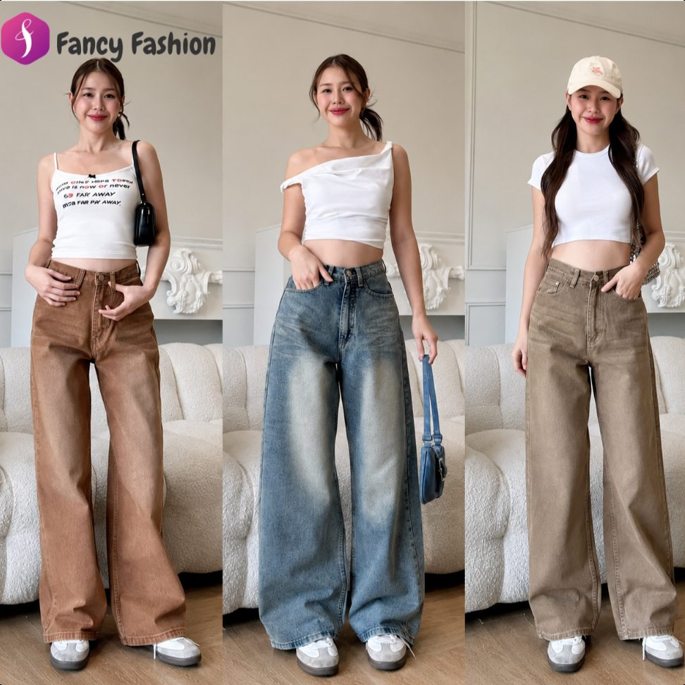 (S-XL) FancyFashion กางเกงยีนส์ผู้หญิงเอวสูง  ทรงกระบอกตรงขากว้าง แต่งเฟดหน้า-หลัง ทรงหลวม ใส่สบาย สไตล์เกาหลี