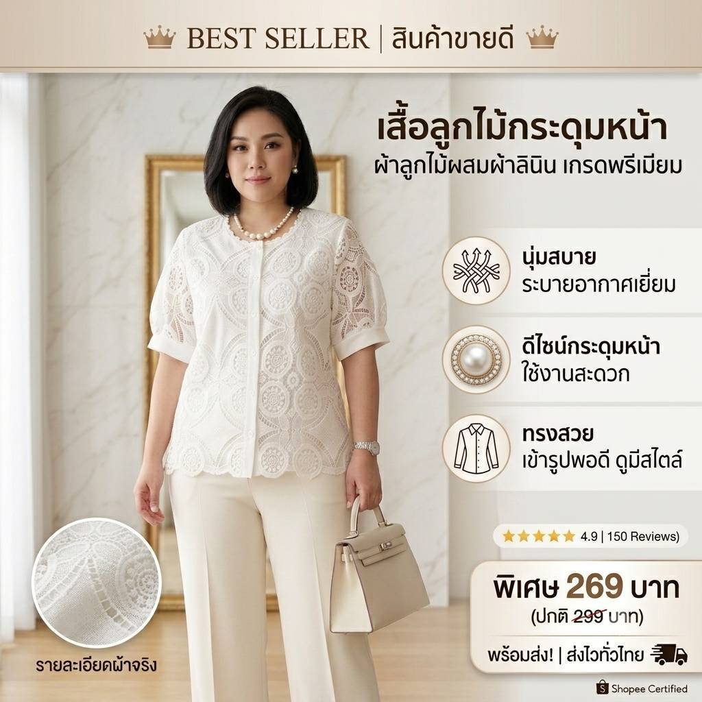เสื้อลูกไม้ผ้าลินินผสมฝ้ายกระดุม เสื้อลูกไม้กระดุมผ้าลินิน รอบอก38-42/44-46 นิ้ว ฟรีไซส์ คนแก่ใส่ทำบุญ