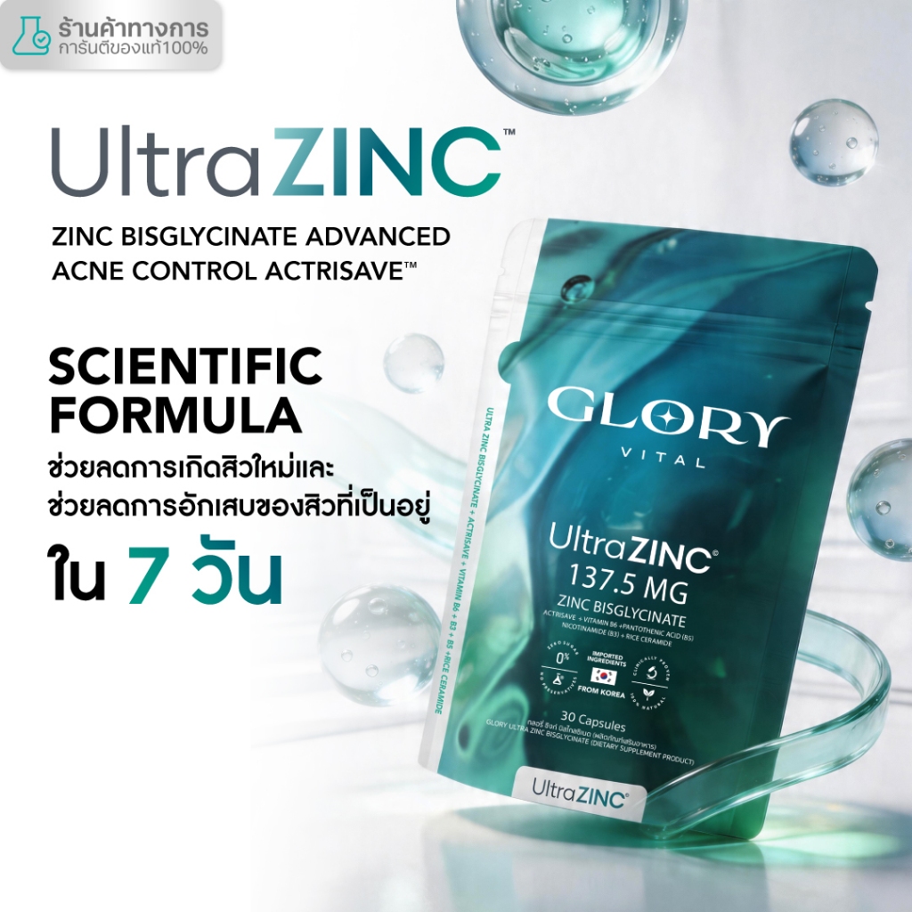 Glory Ultra Zinc Bisglycinate Advanced Acne Control Actrisave™ ซิงค์สกัดเข้มข้น คืนเดียวสิวยุบไม่ขึ้นซ้ำ