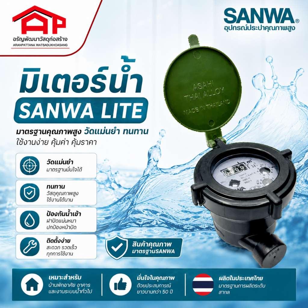 sanwa ซันวา มาตรวัดน้ำ มิเตอร์น้ำ ซันวาไลท์ พลาสติก ระบบเฟืองจักรชั้นเดียว 1/2″