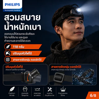 PHILIPS ไฟฉายคาดศีรษะLED 2000LM ซูมปรับได้ 5 โหมด ชาร์จ Type-C กันน้ำ แบต 1800mAh Headlamp SFL3347RS/93