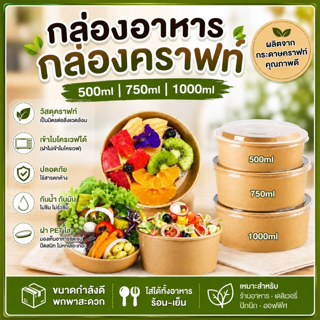 ถ้วยคราฟท์(กลม50ใบ)พร้อมฝา เกรดAคุณภาพดี กระดาษหนา(ส่งไว) กล่องคราฟท์ กล่องกระดาษใส่อาหาร ถ้วยกระดาษ ชามกระดาษ