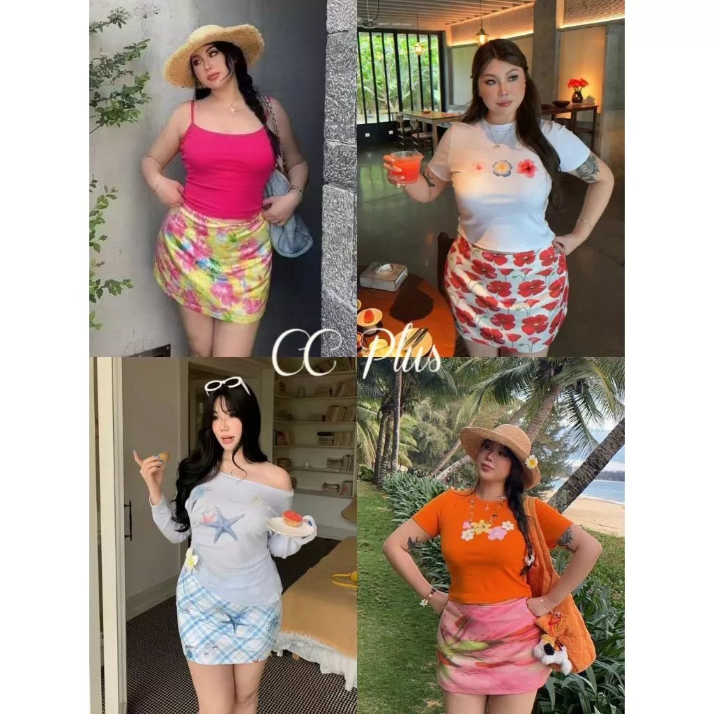 CiCi Plus+(2530) กระโปรงสั้นลายดอกไม้สีสันสดใส มีซับใน ซิบข้าง สไตล์สาวฮาวาย สำหรับสาวพลัสไซส์