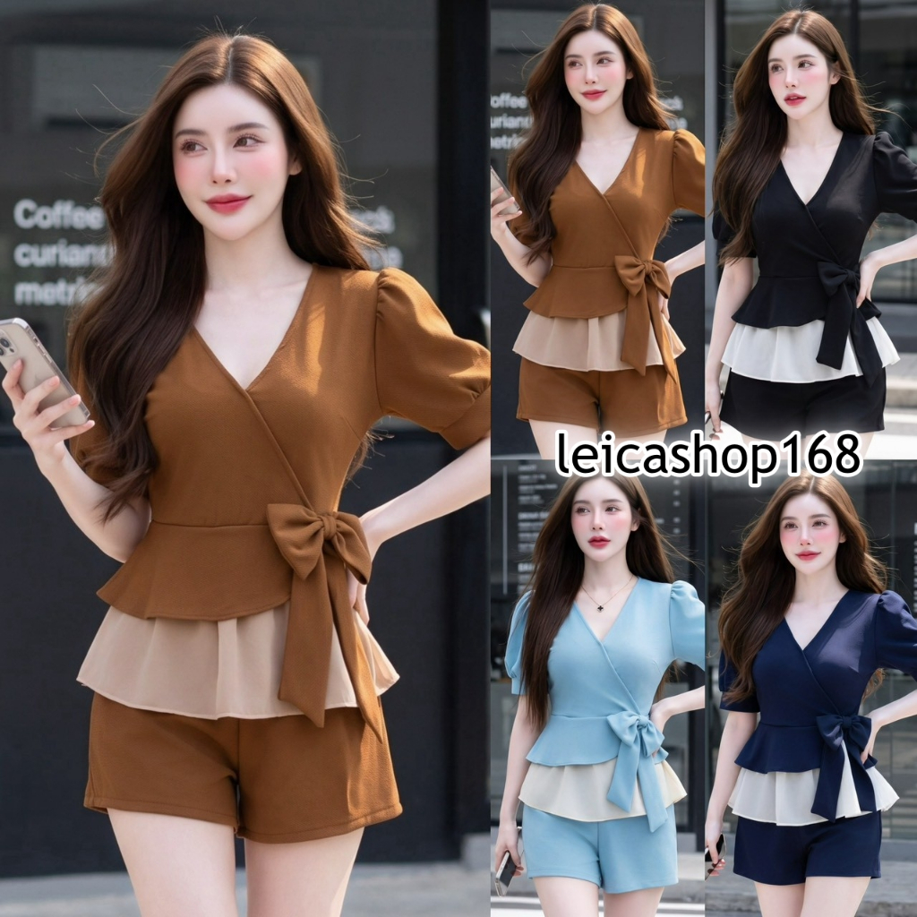 สินค้าพร้อมส่ง เซ็ทสั้น ผ้าวูลเวฟ เสื้ออกไขว้คอวีแต่งโบว์ข้าง ชายระบายแต่งผ้าซีฟองสม็อคหลัง+กางเกงเอวเรียบสม็อคหลัง