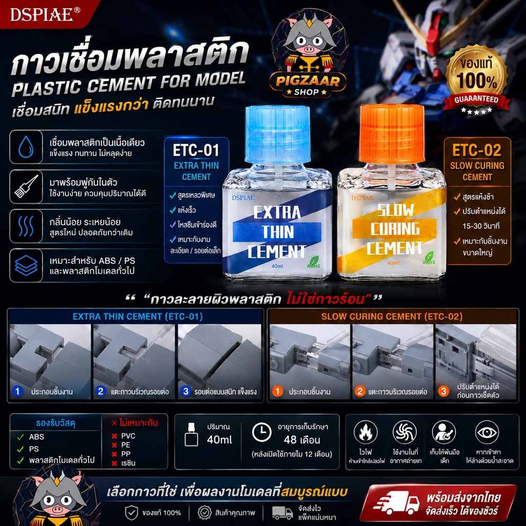 DSPIAE Plastic Cement 40ml กาวต่อโมเดล สูตรแห้งเร็ว / สูตรแห้งช้า กาวเชื่อมพลาสติก ABS PS Gundam