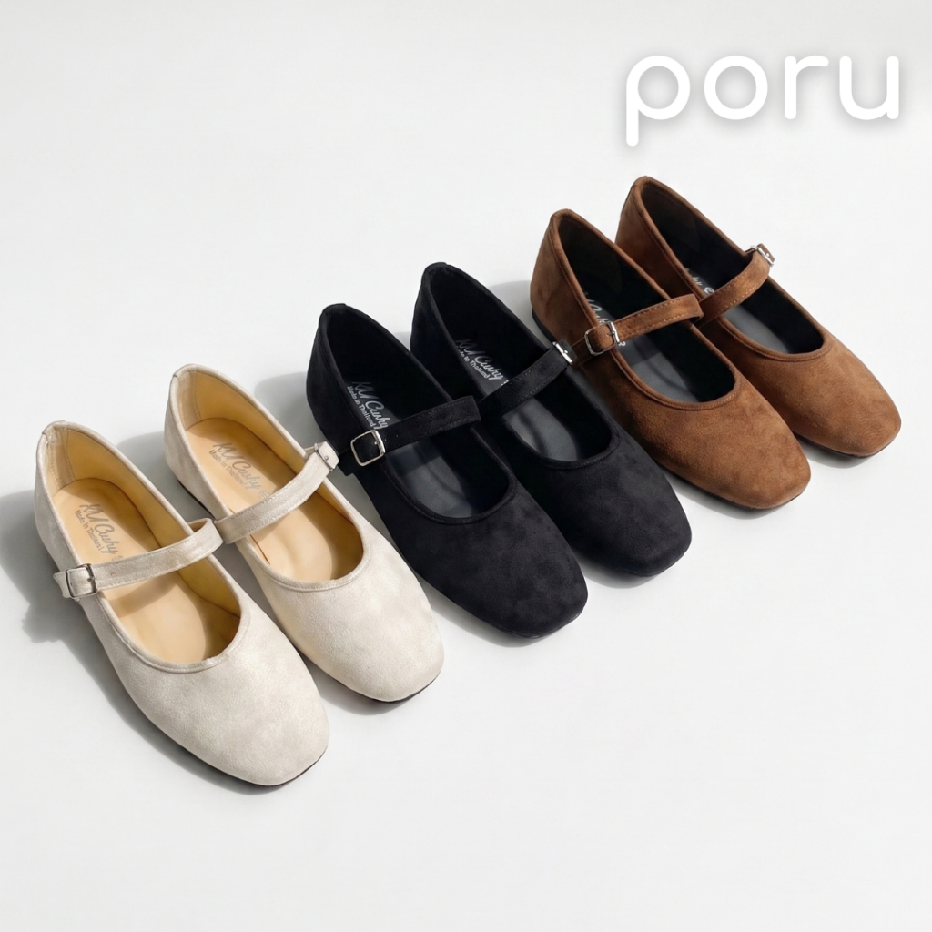 PORU รองเท้าแมรี่เจนหนังกลับ ทรงหัวเหลี่ยมมน รองเท้าคัทชูผู้หญิง สไตล์เกาหลีมีสายรัด ไซส์ 36-41