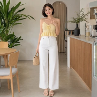 FLAER Denim Studio ส่งจากไทย กางเกงยีนส์ผู้หญิงเอวสูง 9 ส่วน ขากระบอกตรง ทรงหลวม สีฟอกวินเทจ มีหลายสี พรางหุ่น ใส่สบาย