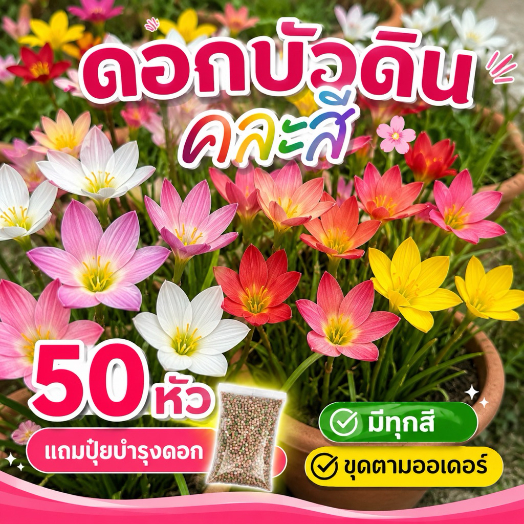 หัวดอกบัวดิน คละสี  50 หัว แถมทุกออเดอร์  🪷(คละสี) มีทุกสีค่า ขุดตามออเดอร์  สดใหม่ (แถมปุ๋ยบำรุงต้น) 🌈💓