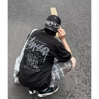 STUSSY CLASSIC GEAR TEE PIGMENT DYED เสื้อยืดแขนสั้นตัวอักษรผู้ชายครึ่งแขนสำหรับผู้ชายและผู้หญิง