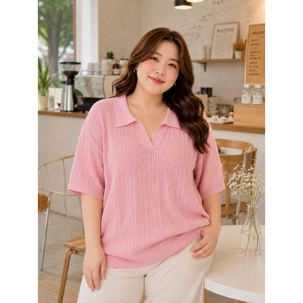 เสื้อไหมพรมคอปกวีทอลายเส้นนูนเก๋ๆ