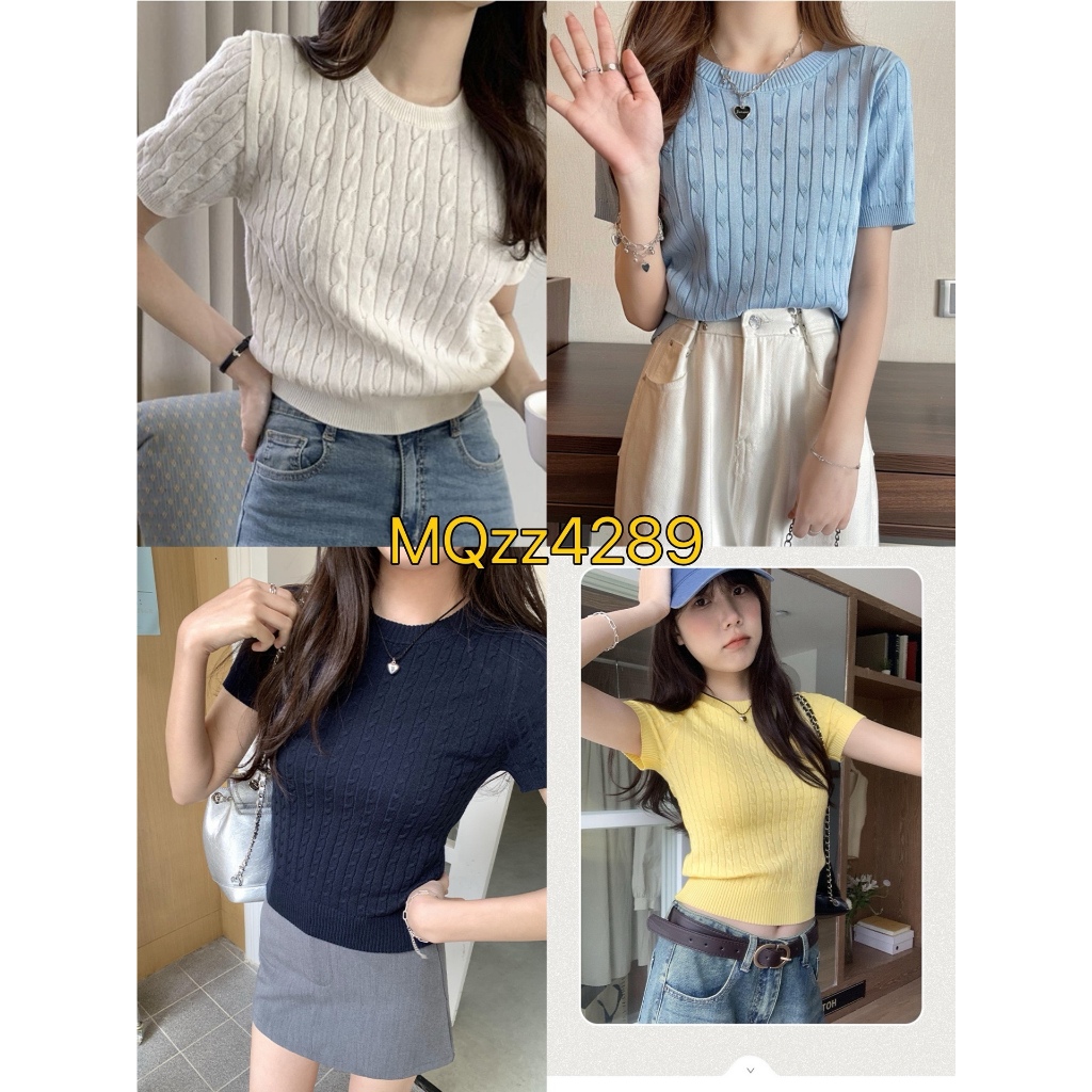 MQzz4289 *พร้อมส่ง* เสื้อไหมพรมแขนสั้น เสื้อยืดผู้หญิง กันหนาว ลายถักยาว ใส่ดูดี เข้ารูปหุ่นดี อก 40 นิ้วใส่ได้ Freesize