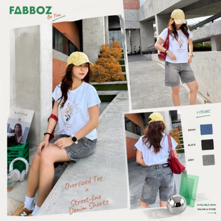 FABBOZ STREETLINE Denim Shorts กางเกงขาสั้นยีนส์ฟอกสีดำสุดฮิต ทรง Straight/Relaxed เหนือเข่า