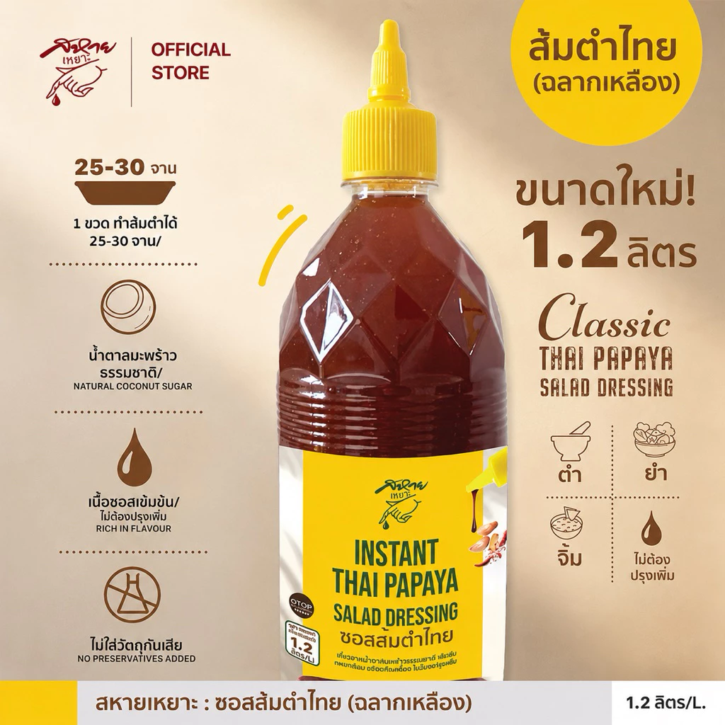 น้ำยำ น้ำส้มตำไทย ตรา สหายเหยาะ ซอสส้มตำไทย (ฉลากเหลือง) ขนาด 1.2 ลิตร