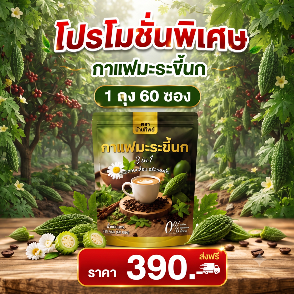 กาแฟมะระขี้นก กาแฟปัณทิพย์ กาแฟปรุงสำเร็จชนิดผง ไม่มีน้ำตาล (1 ถุง 60 ซอง พร้อมส่ง)