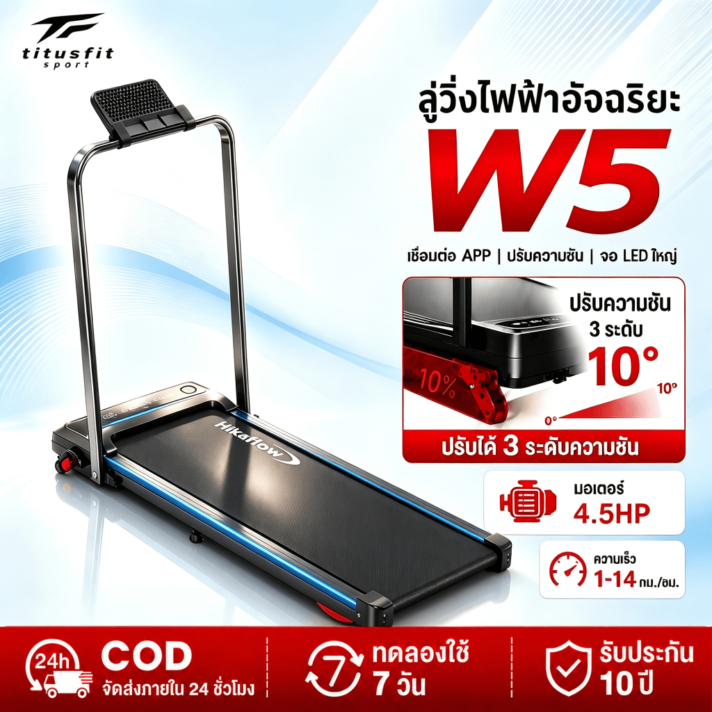 ลู่วิ่งไฟฟ้า W5 ปรับความชัน รับน้ำหนัก 300kg มอเตอร์ 4.5HP เงียบ 20dB  LED พับได้ สีดำ ส่งฟรี