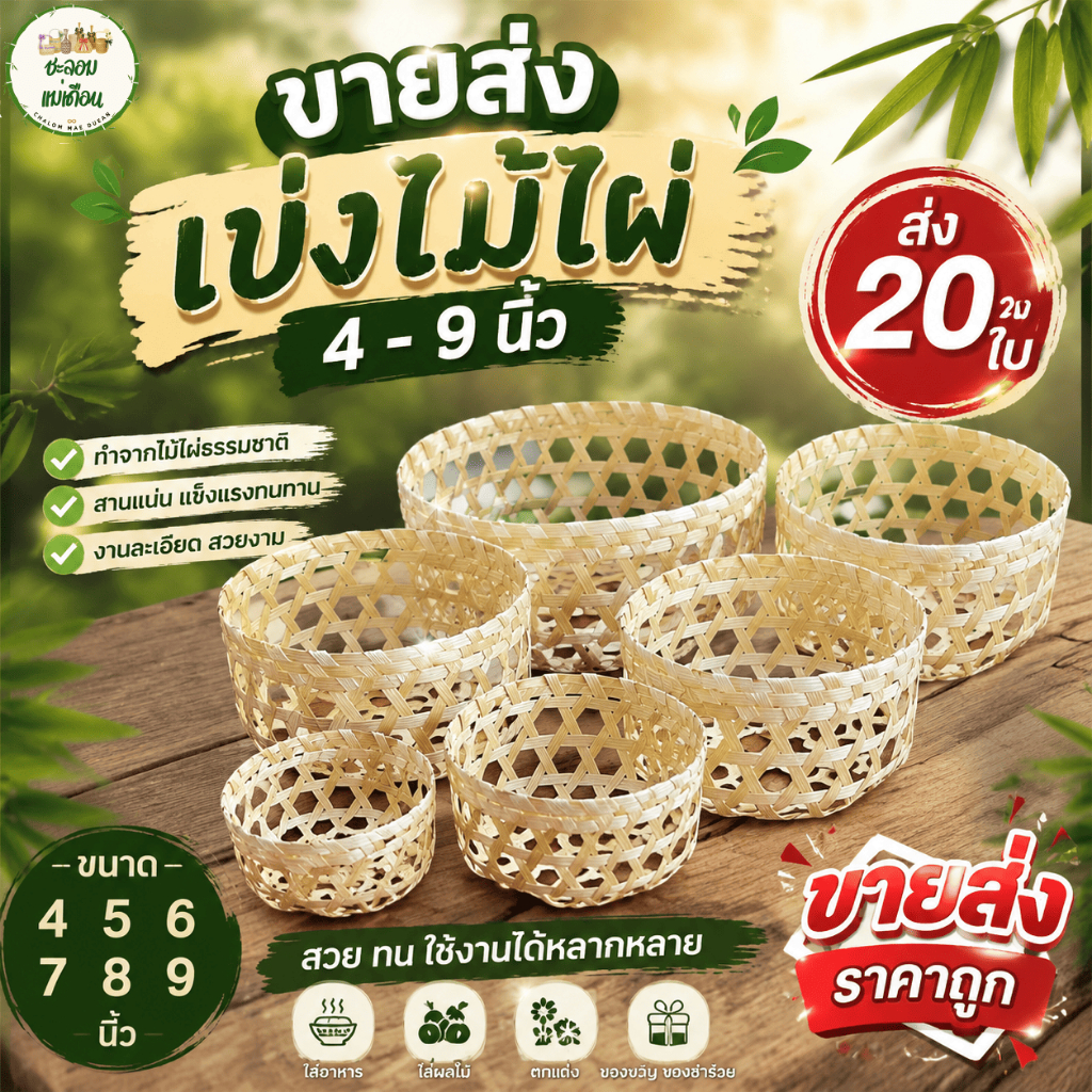 เข่งไม้ไผ่ 4-9 นิ้ว ขายส่ง 20 ใบ | เข่งสานไม้ไผ่แท้ งานสานมือ สำหรับจัดกระเช้า ใส่ผลไม้ ของขวัญ