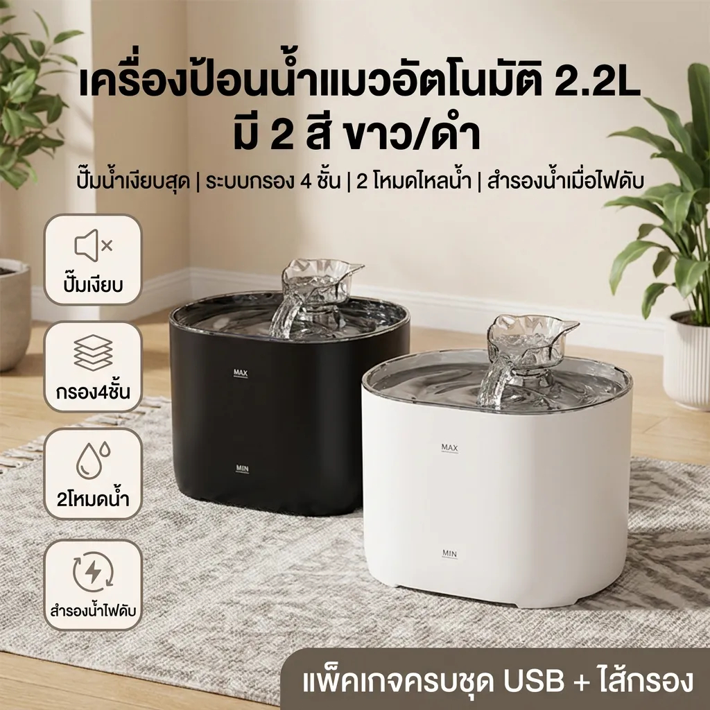 บริการจัดส่งในพื้นที่ น้ำพุแมว 2.2 ลิตร เสียงเงียบ / เสียงเบา มีไส้กรอง ถอดล้างได้ / ทำความสะอาดง่าย สำหรับแมว สุนัข