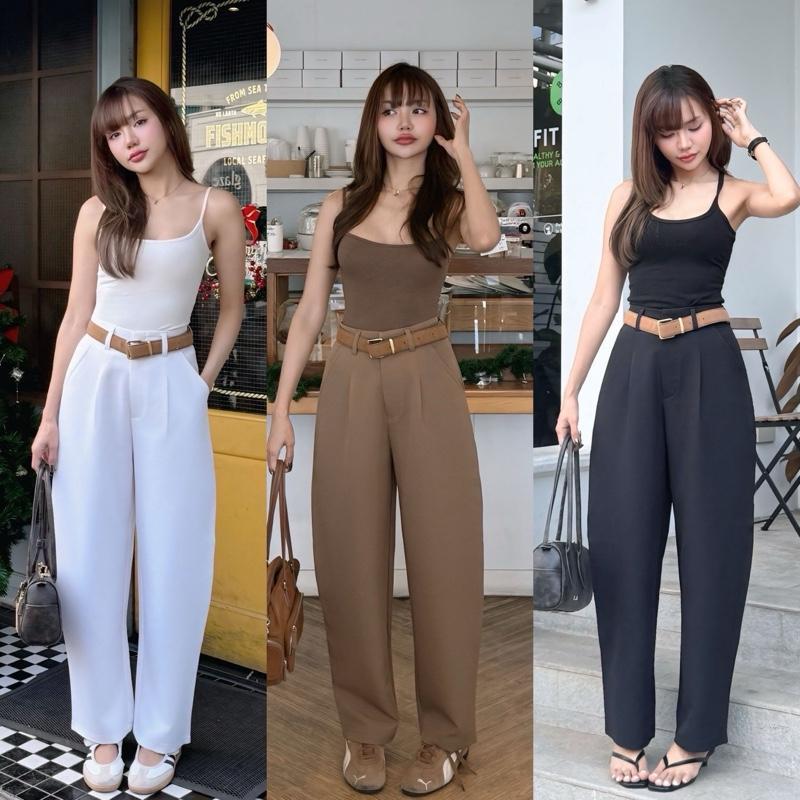 Double - DBCHU03 Pinstripe Barrel Trousers กางเกงผ้าทรงบาร์เรลลายทางเอวสูง