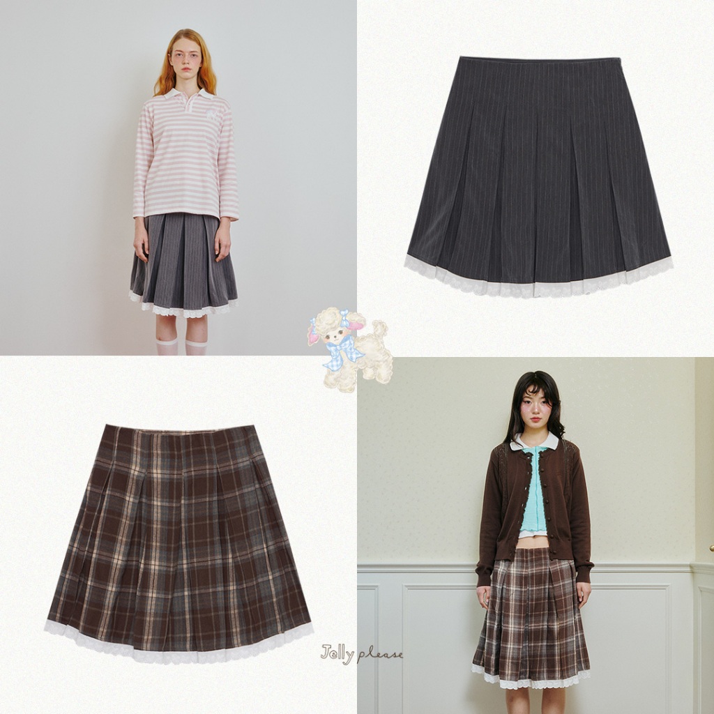 Jellyplease (Dreamy Disc) - Lena skirt | low waist pleated lace hem skirt | 2 สีคนผ้านะคะ