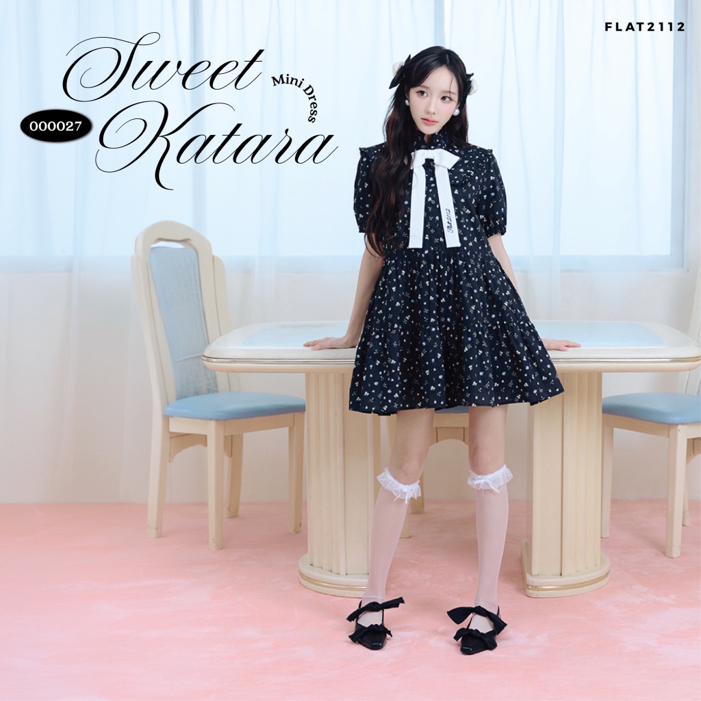 FLAT2112 : SWEET KATARA MINI DRESS เดรสสั้นสีดำลายดอก เดรสลูกคุณหนู เดรสเกาหลี เดรสสไตล์ฝรั่งเศส (000027)