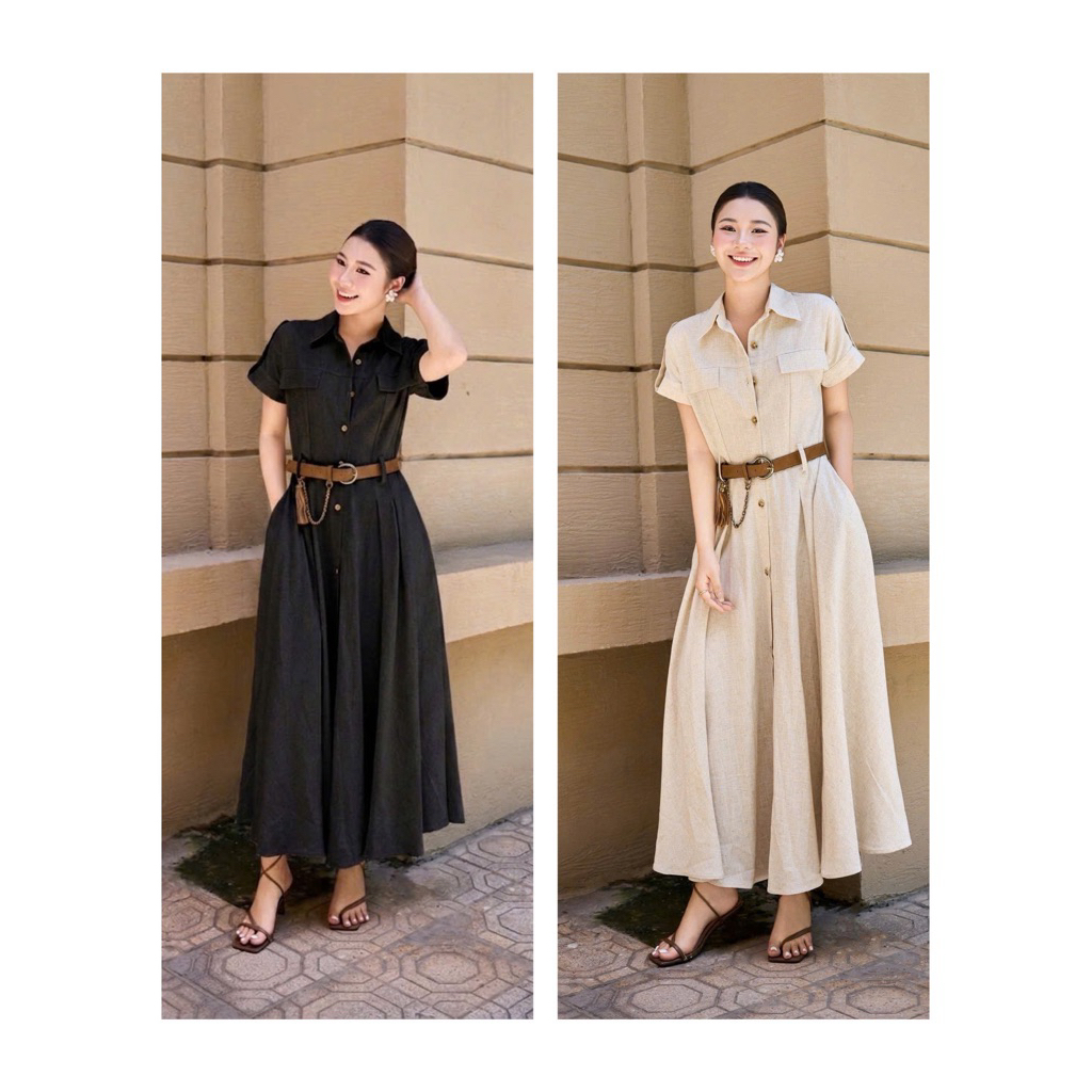 M.assimo Dutti maxi dress เดรสผ้าคอตตอน ด้านหลังมีซิป แต่งเข็มขัด ป้ายห้อยทุกตัว