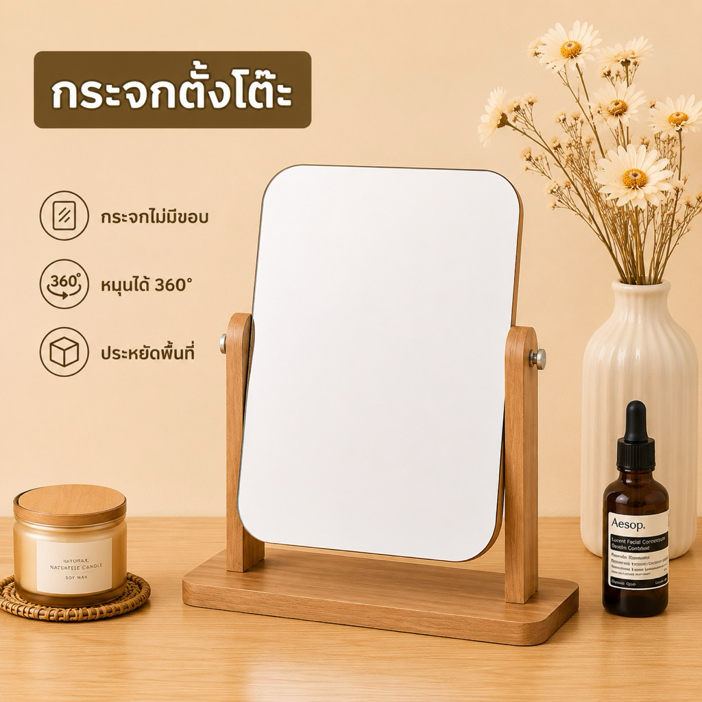 กระจกไม้มินิมอล กระจกเเต่งหน้า ปรับระดับได้สไตล์เรียบง่ายเเละทันสมัย
